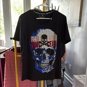 Philipp Plein Black T-Shirt with Skull and Rhinestone Accents